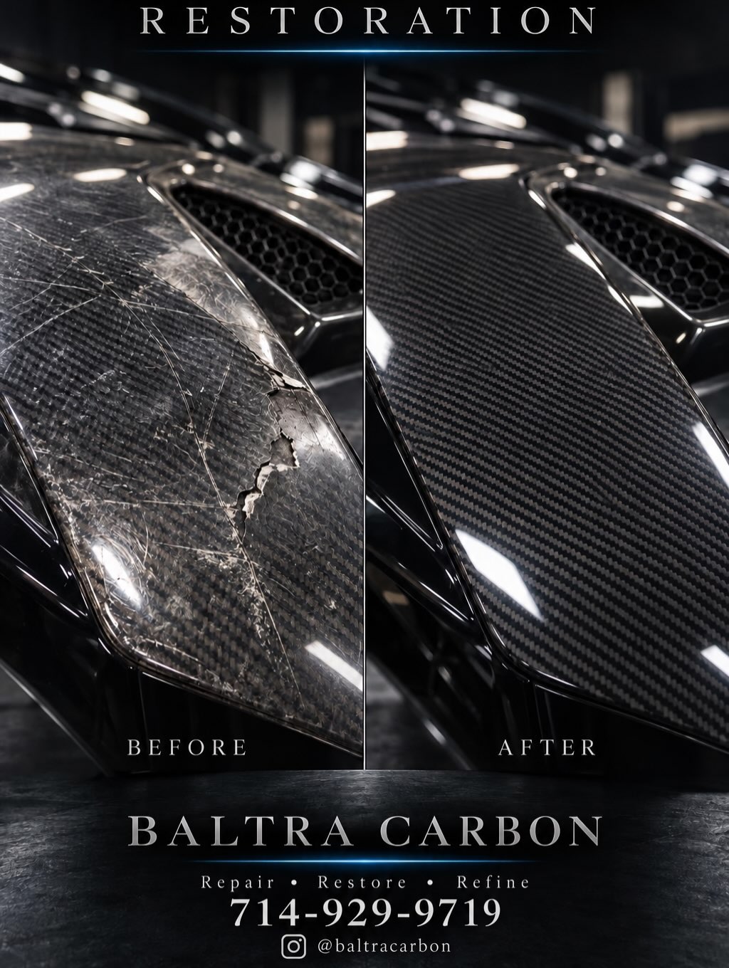 Baltra Carbon restoration showcase with before and after carbon fiber surfaces