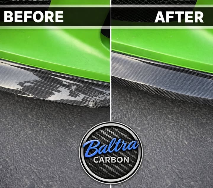 Side-by-side photos of damaged and restored carbon fiber front trim on a green car